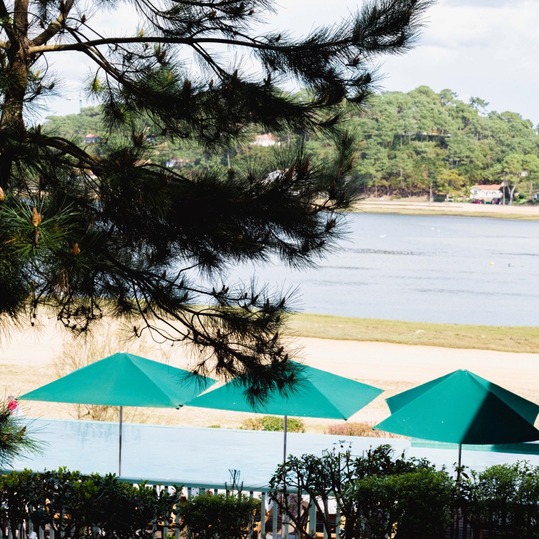 Vue piscine et lac d'Hossegor depuis Les Hortensias du Lac et la chambre supérieure vue lac