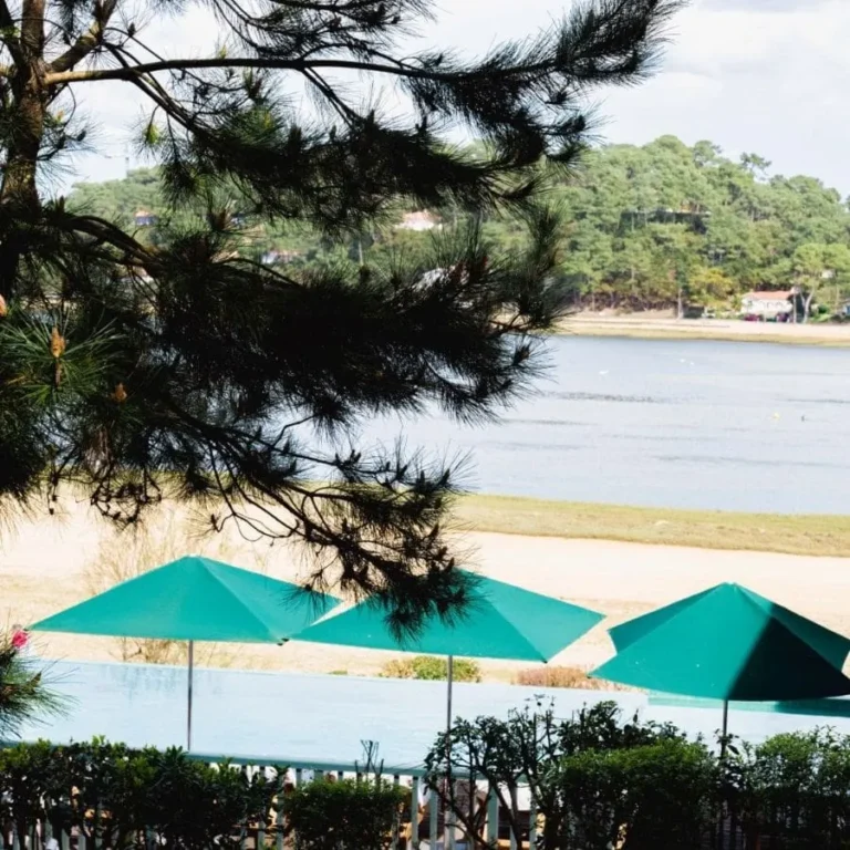View of the swimming pool and Hossegor lake from Les Hortensias du Lac and the lake view superior room.